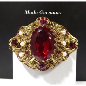 Vintage 1940s Germany Red Glass Filigree Brooch Gold Tone Faux Pearl Rhinestones